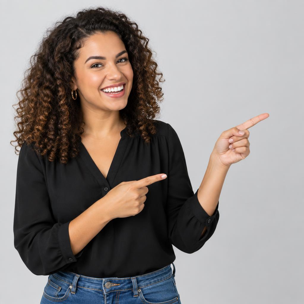 Atendente sorridente apontando para os serviços da JR Empréstimos